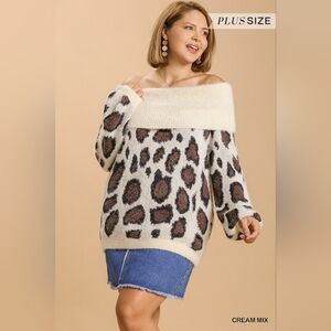 Leopard Print Off-Shoulder Sweater - Cream Mix